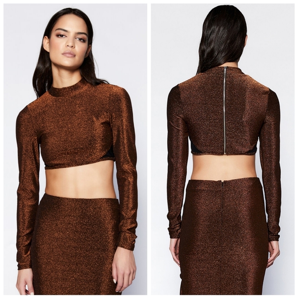 Bardot Tuscany Long Sleeve Lurex Crop Top in Bronze Lur Medium NWT New